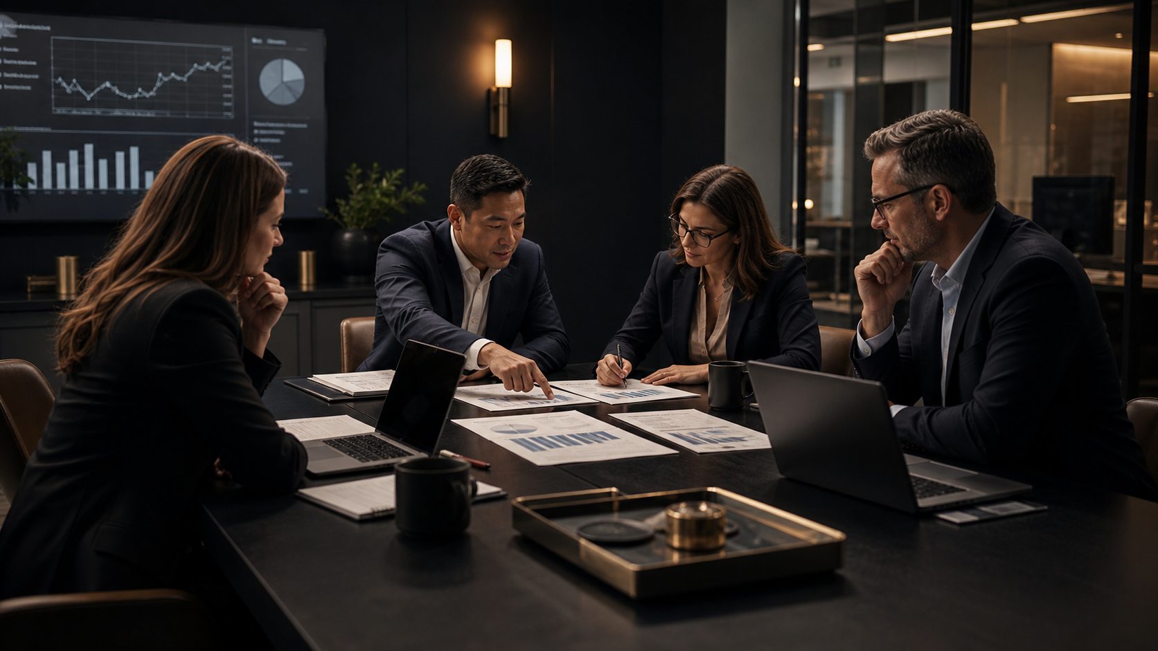 Business leaders reviewing financial reports together in an executive meeting