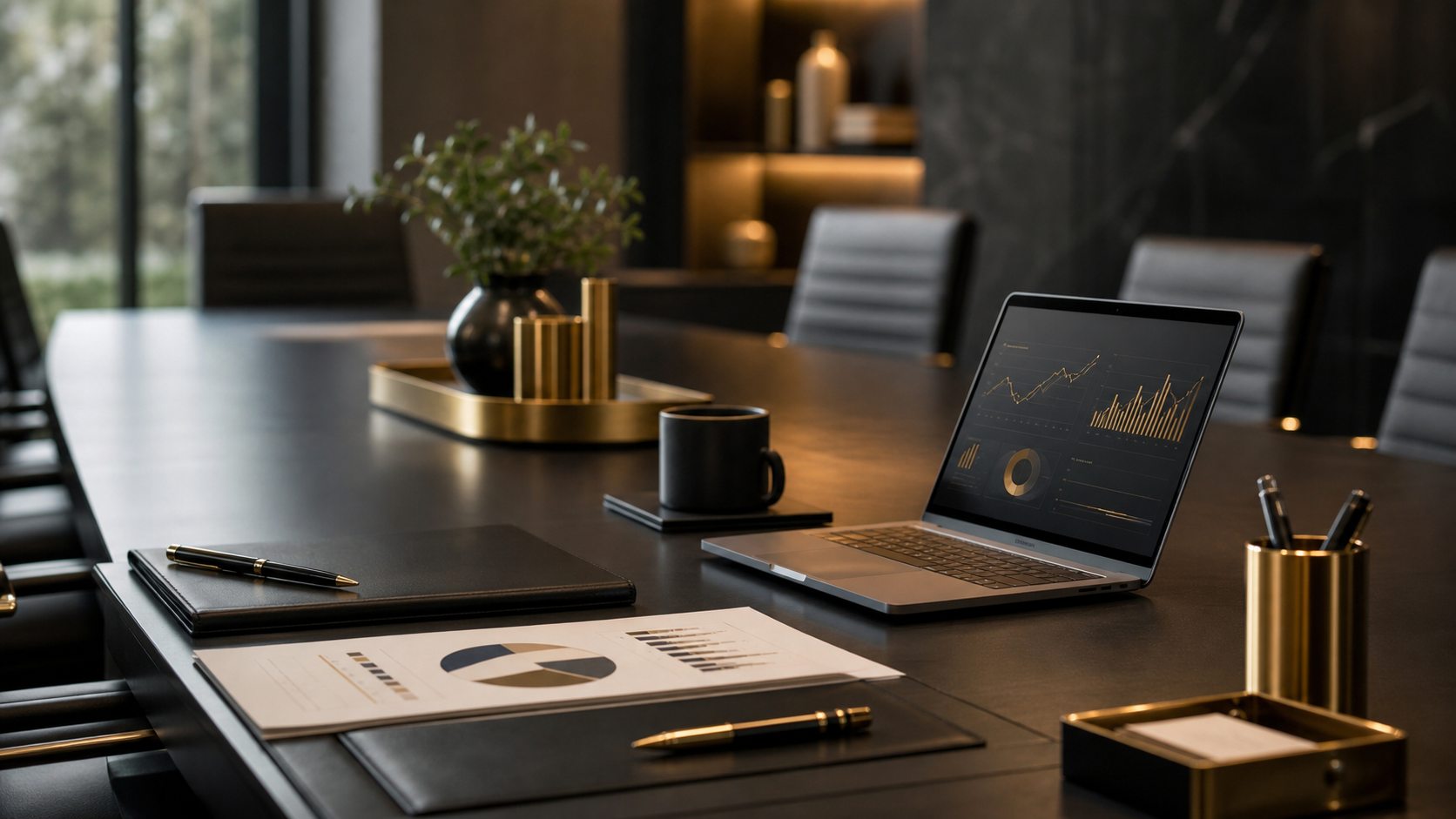 Premium executive conference table with financial reports and analytics dashboard