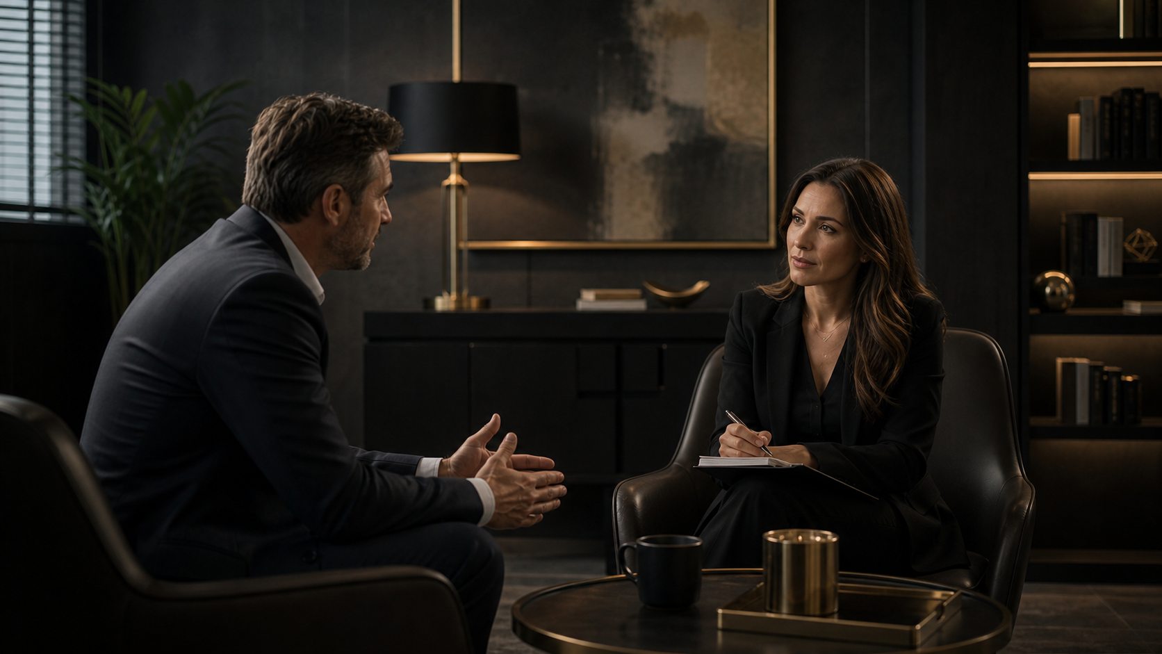 Private one-on-one HR consultation in a refined executive office