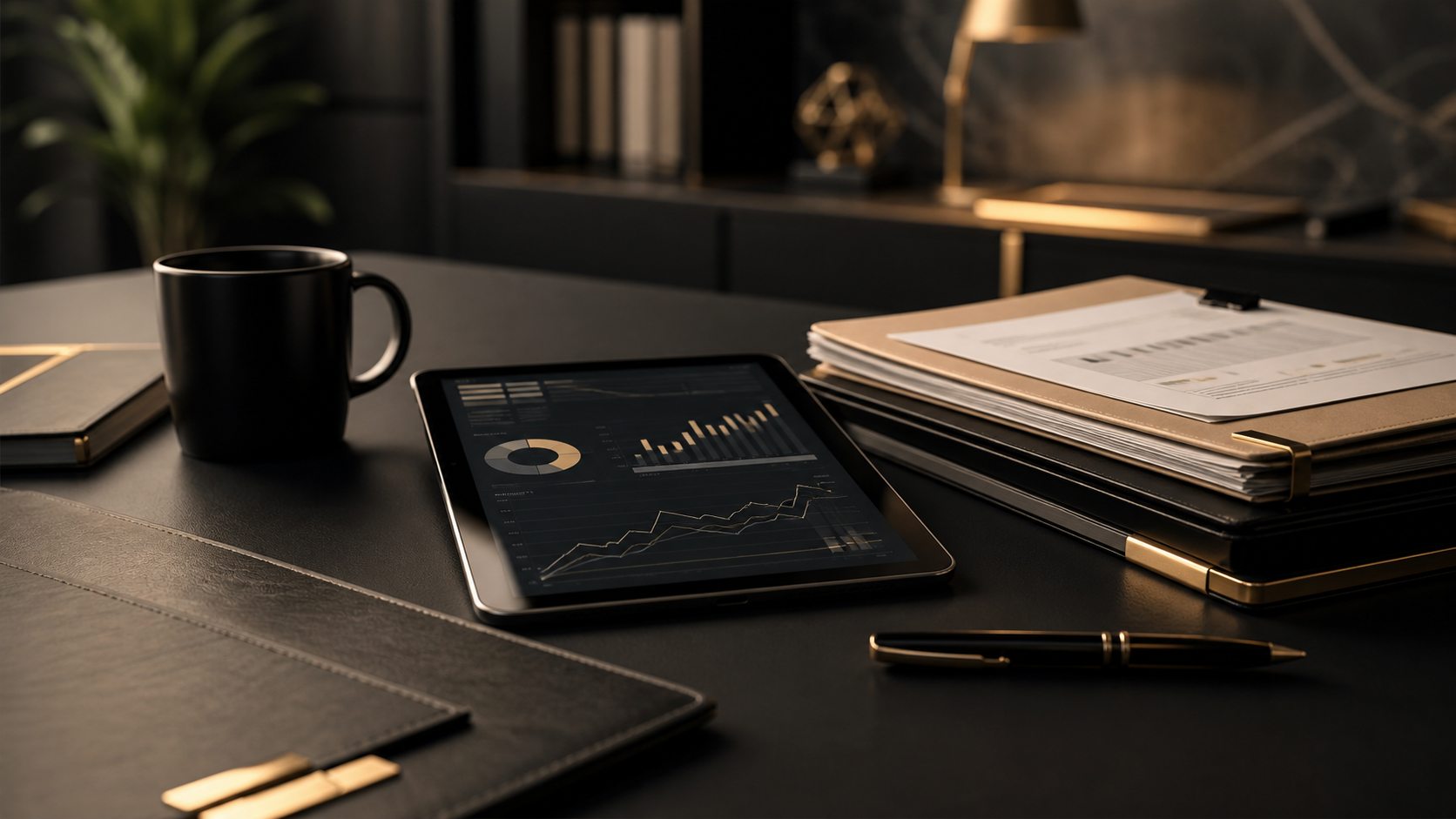Tax strategy workspace with organized folders, planning charts, and a tablet dashboard